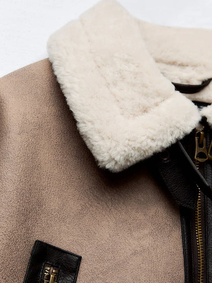 Veste avec col fourrure en laine et ceinture femme