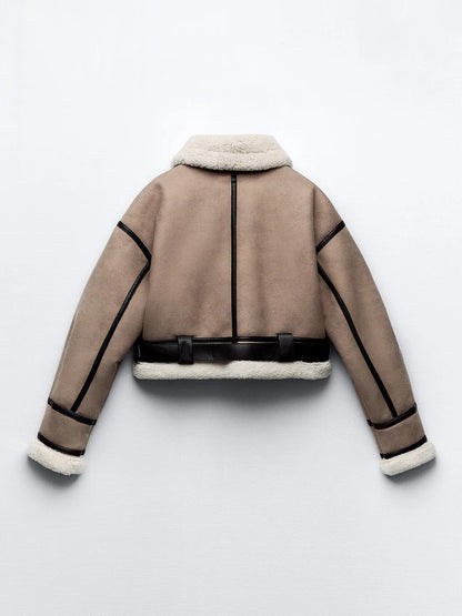 Veste avec col fourrure en laine et ceinture femme