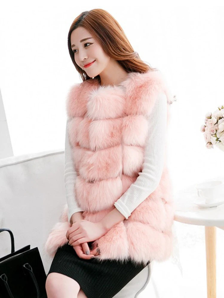 ZADORIN 4XL Female Fur Waistcoat Winter Warm Faux Fox Fur Vest Women High-Grade Cappa Fashion O-Neck Long Fur Coat Cardigan