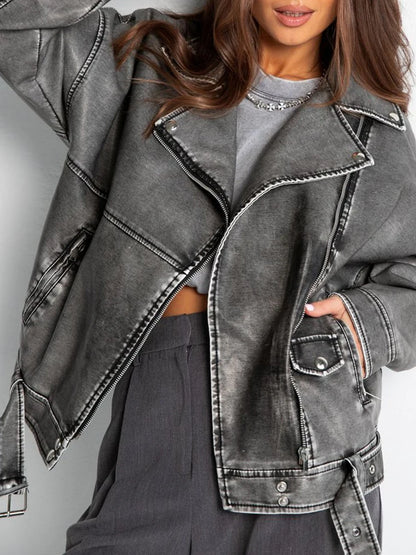 Veste gris en similicuir avec ceinture femme