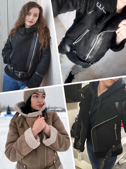 Veste d’hiver courte pour femme, épaisse et chaude, en suédine avec doublure en laine d’agneau