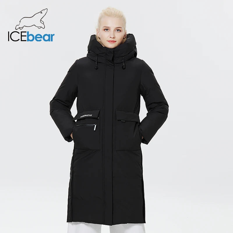 Doudoune Longue Femme Hiver ICEbear  – Chaude, Épaisse, avec Grandes Poches et Capuche