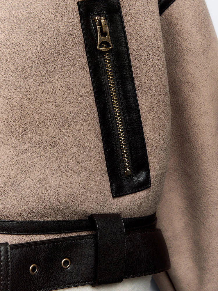 Veste avec col fourrure en laine et ceinture femme