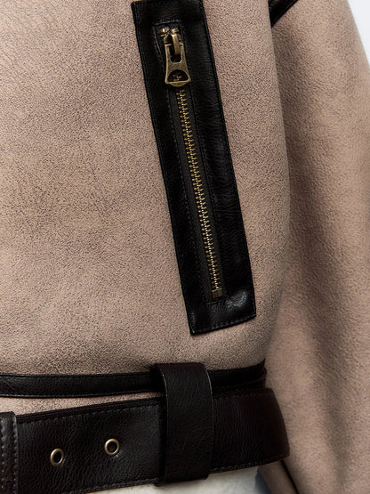 Veste avec col fourrure en laine et ceinture femme