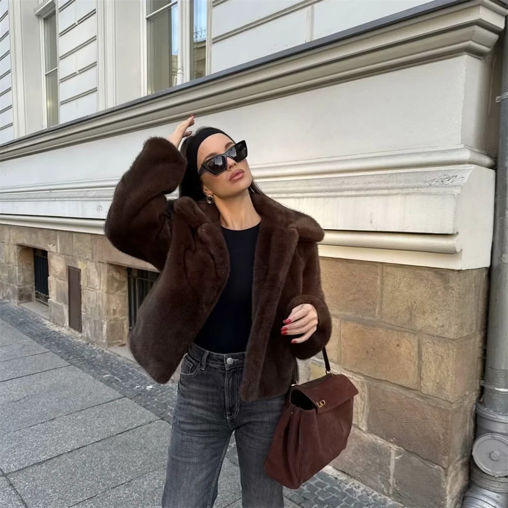 PB&ZA2024 Winter New Women's Clothing Style Versatile Collar Long Sleeve Artificial Fur Effect Short Coat