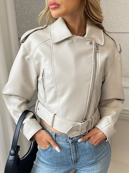 Veste Femme en Simili Cuir avec Ceinture et Zip