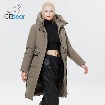 Doudoune Longue Femme Hiver ICEbear  – Chaude, Épaisse, avec Grandes Poches et Capuche