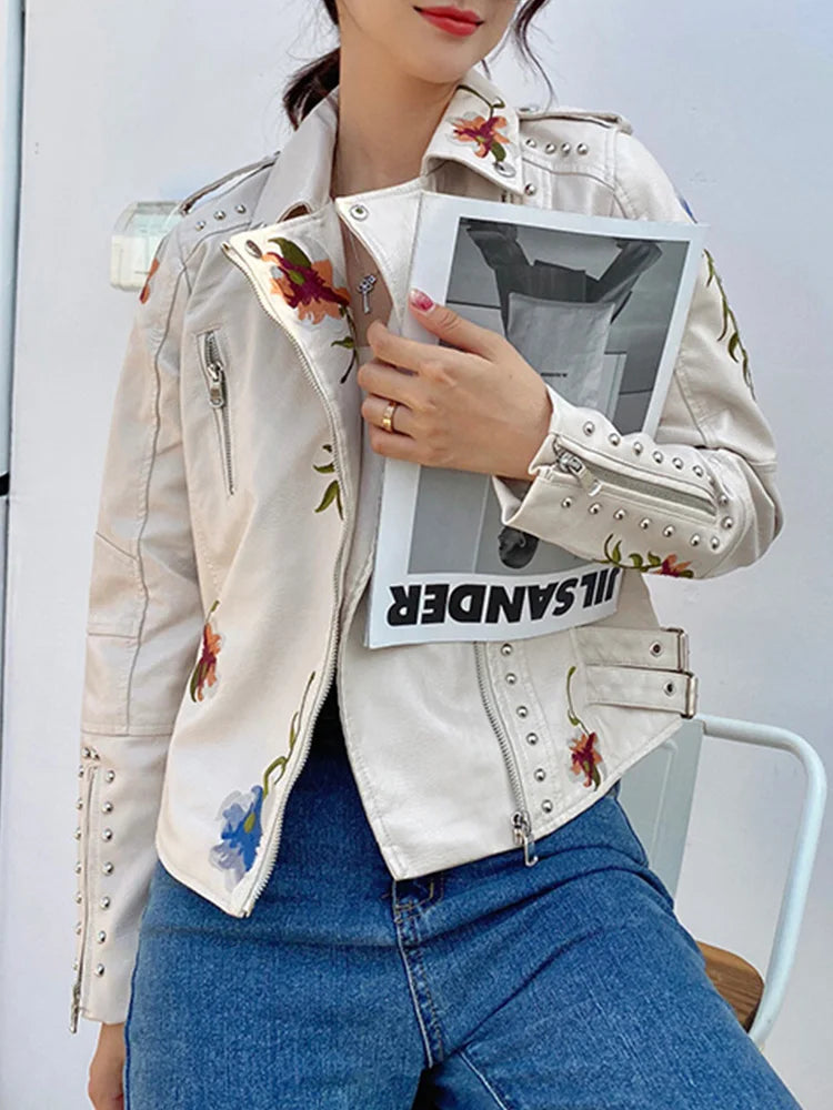 Veste avec broderie florale en similicuir femme