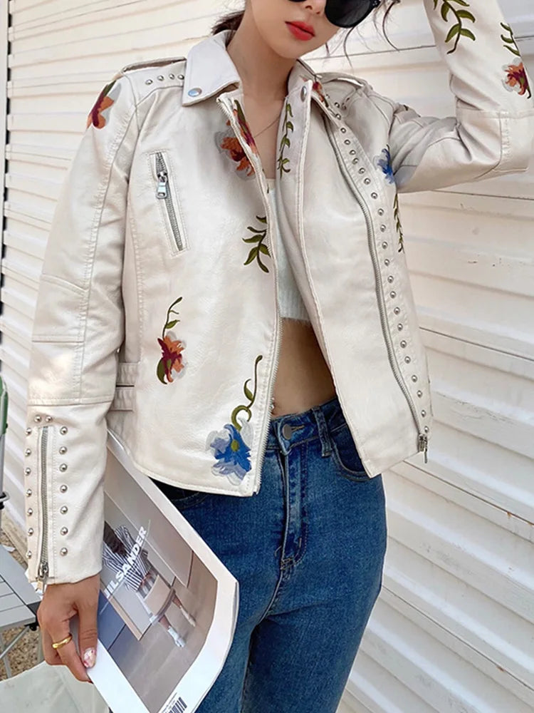 Veste avec broderie florale en similicuir femme
