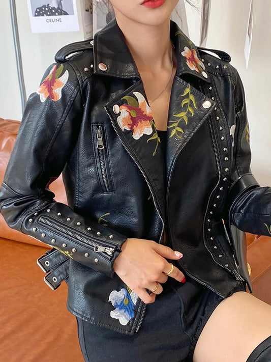 Veste avec broderie florale en similicuir femme