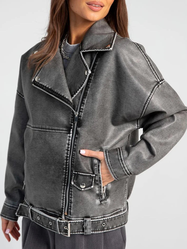 Veste gris en similicuir avec ceinture femme