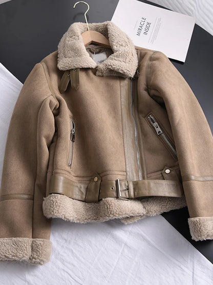 Veste d’hiver courte pour femme, épaisse et chaude, en suédine avec doublure en laine d’agneau