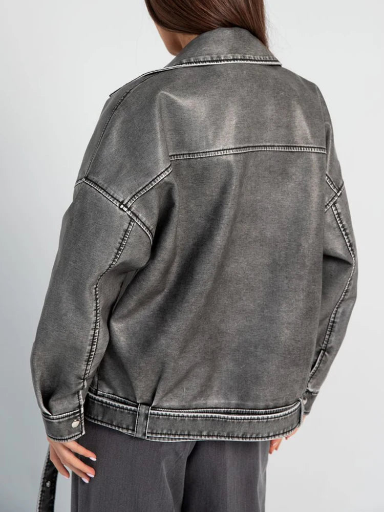 Veste gris en similicuir avec ceinture femme