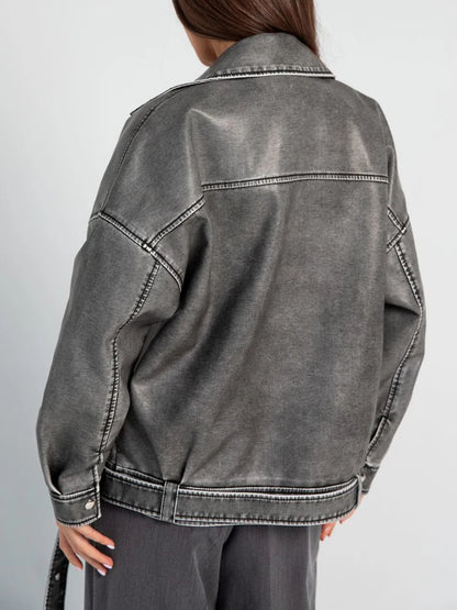 Veste gris en similicuir avec ceinture femme